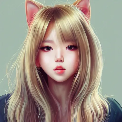 Prompt: realistic beautiful gorgeous natural cute Blackpink Lalisa Manoban blonde hair cute fur blonde cat ears in t shirt outfit golden eyes artwork drawn full HD 4K highest quality in artstyle by professional artists WLOP, Taejune Kim, Guweiz, ArtGerm on Artstation Pixiv