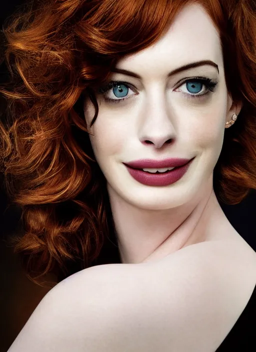 Image similar to portrait of beautiful christina hendricks and anne hathaway hybrid by mario testino, headshot, detailed, award winning, sony a 7 r