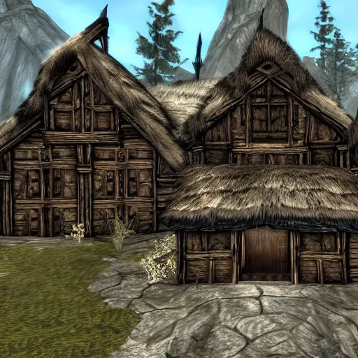 Image similar to Elder Scrolls Skyrim game screenshot of a large house shaped like a fox, made of wood