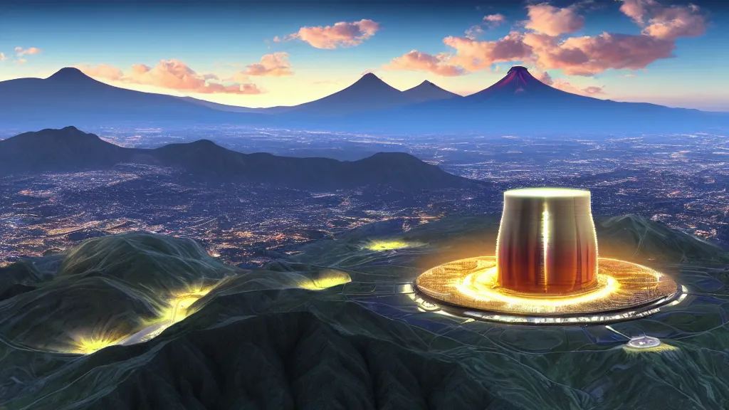 Prompt: Epic Giant Nuclear Reactor over the mountain valley of Quito, Ecuador; by Oswaldo Moncayo and Vincent Callebaut; Avatar Computer Graphics Cinema Style; 4K, 8K; ultimate landscape shot;