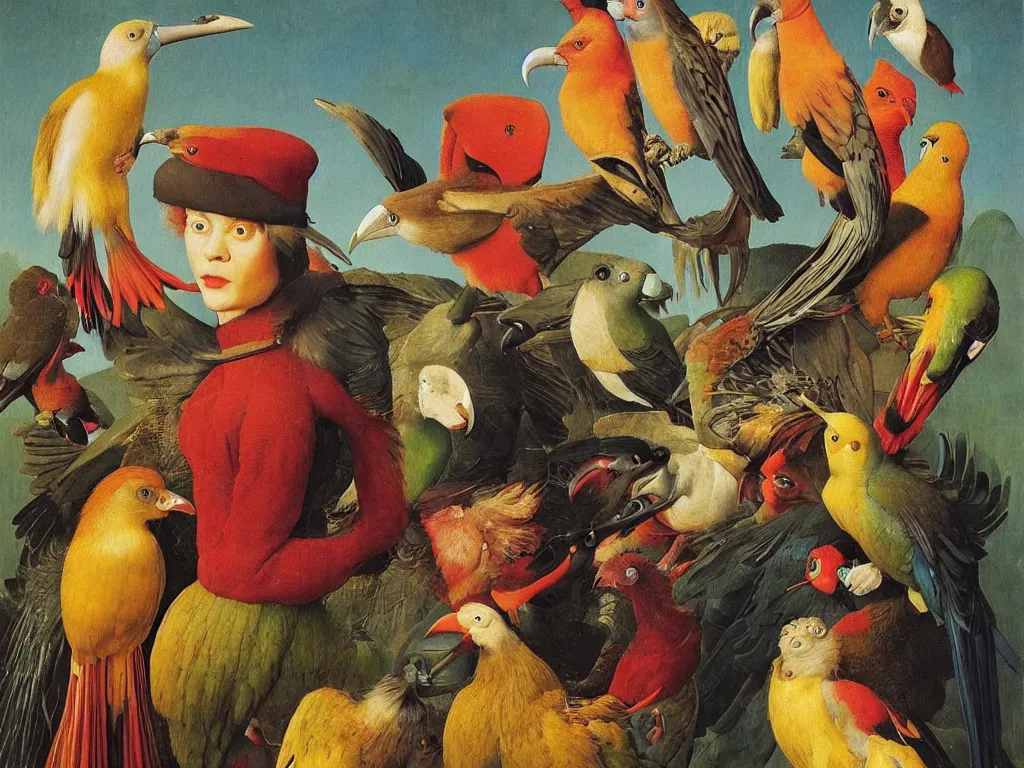 Image similar to Portrait of Meth addict with beautiful, exotic birds. Painting by Jan van Eyck, Audubon, Maria Sybilla Merian, August Sander, Rene Magritte, Agnes Pelton, Max Ernst, Walton Ford