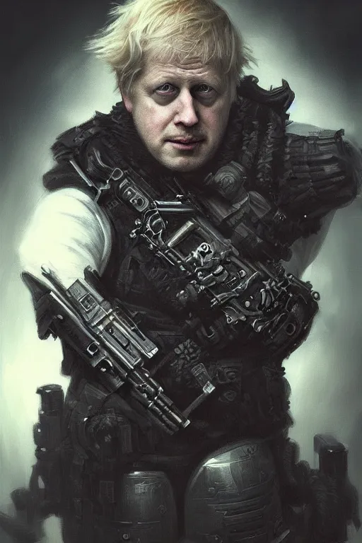 Image similar to Boris Johnson as Punisher, portrait, elegant, intimidating pose, very detailed face, studio lighting, photorealism, wearing armor plate with a skull,Livia Prima,Mucha,fantasy art,beautiful,artstation,trending on artstation,intricate details,alluring,masterpiece