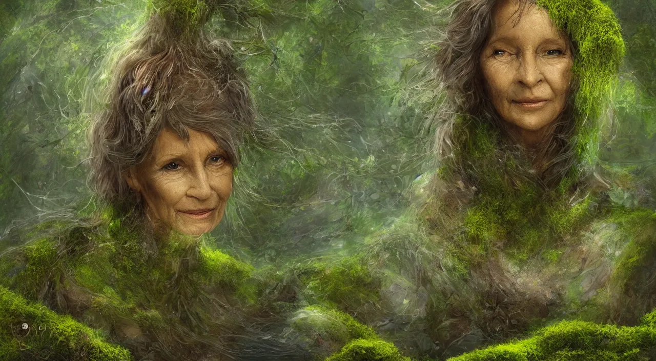 Image similar to Portrait of one single moss-covered 65 year-old Gaia goddess merging with a river, highly-detailed, elegant, dramatic lighting, artstation, 4k