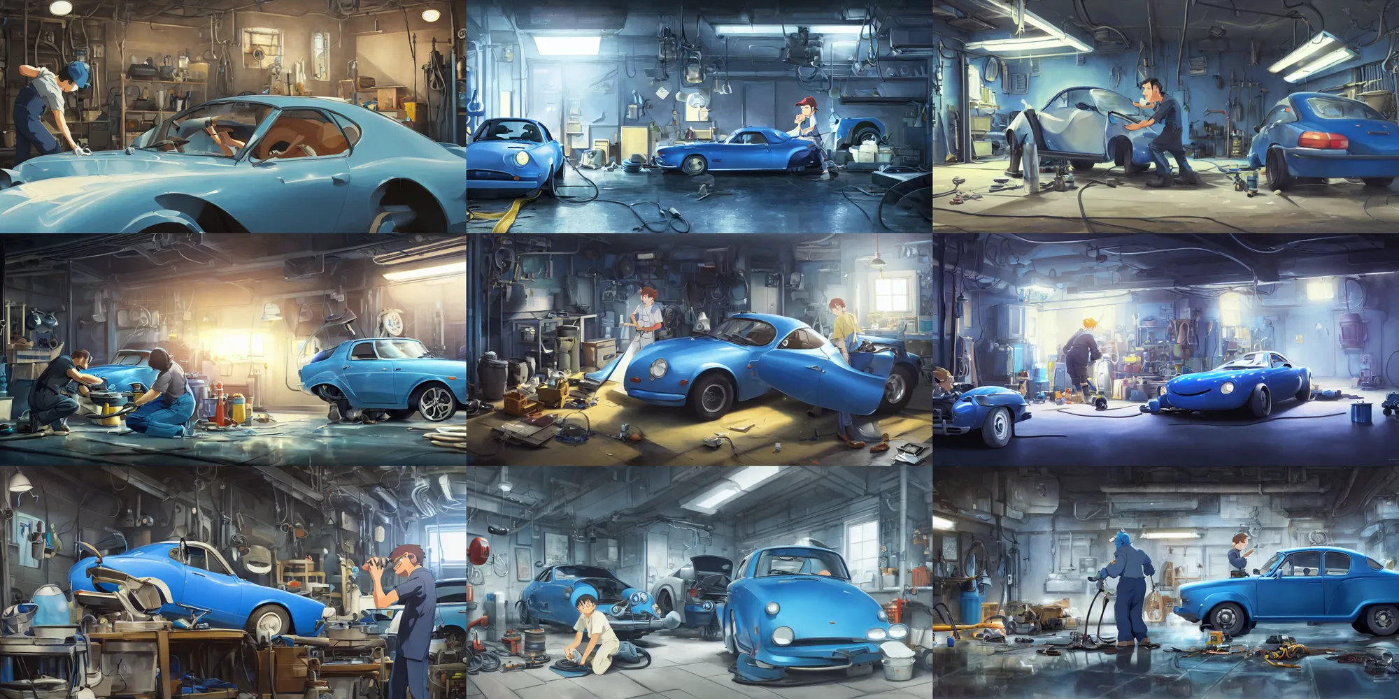 Prompt: a wholesome animation key shot of a focused auto mechanic repairing a metallic blue car in the workshop garage, medium shot, waist up, studio Ghibli, Pixar and Disney animation, sharp, Rendered in Unreal Engine 5, anime key art by Greg Rutkowski, Bloom, dramatic lighting