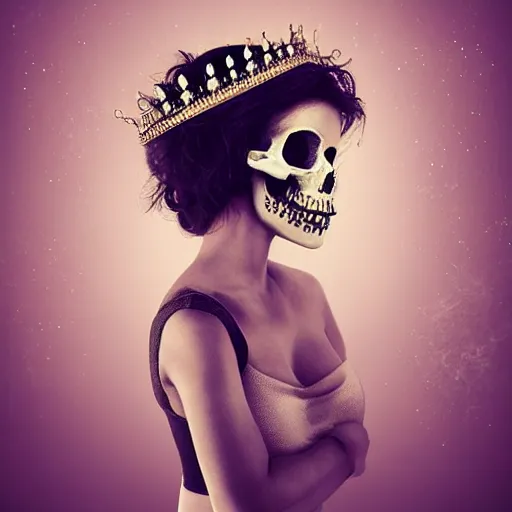 Prompt: full body potrait of a woman. woman is wearing a crown made of cigarettes. Woman is wearing a skull mask. Smoke effects forms question mark. Digital painting. Art station. Mood lighting. - h 1200