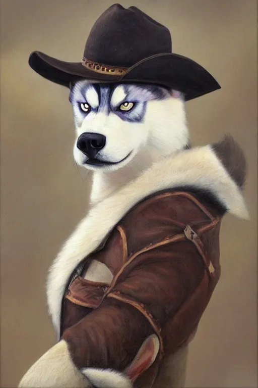 Image similar to a portrait painting of a husky in cowboy costume on the horse, anime, furry, humanoid, personify, anthropomorphic