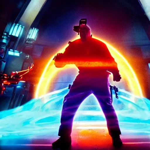Image similar to kanye west as a ghostbuster in ghostbusters, splash art, movie still, cinematic lighting, dramatic, octane render, long lens, shallow depth of field, bokeh, anamorphic lens flare, 8 k, hyper detailed, 3 5 mm film grain