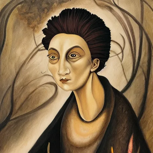 Image similar to a beautiful highly detailed painting of a woman in the style of Remedios Varo.