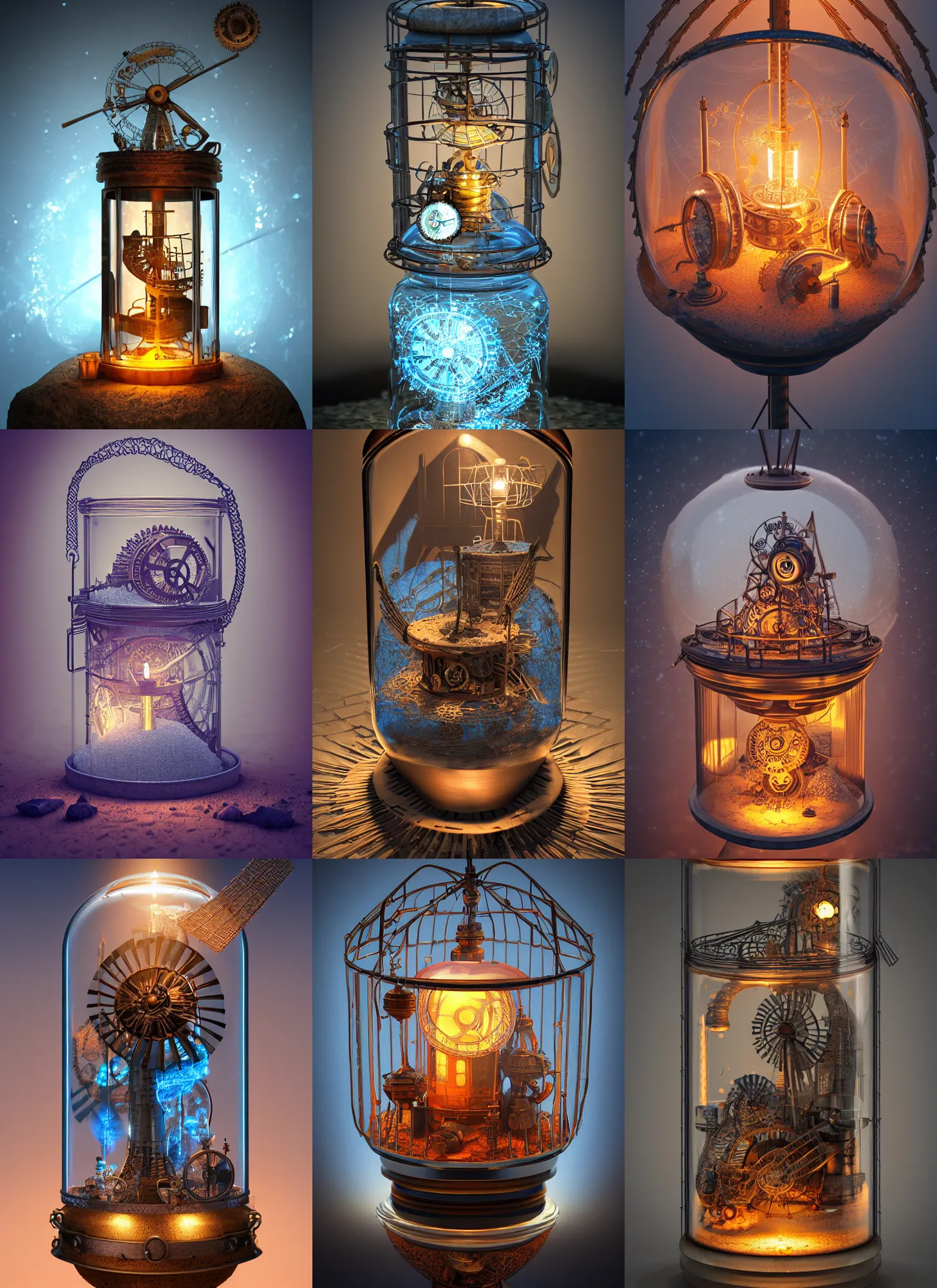 Prompt: steampunk windmill inside a glass jar buried in sand, owl, himalayan rocksalt lamp, intricate detail, hyper detailed, ultra realistic, sharp focus, octane render, lantern candle, spiral, volumetric, ray tracing, artstation trending, blue moon, cgsociety, sense of awe, swirling mist, 4 k