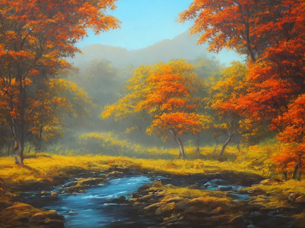 Image similar to a beautiful painting of a serene natural landscape during autumn on a fine day by jajang sopandi, trending on artstation,