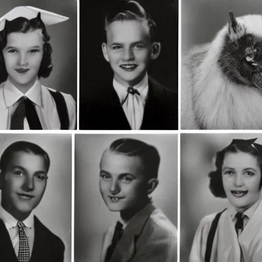 Prompt: a 1940s yearbook photo of animals dressed as people