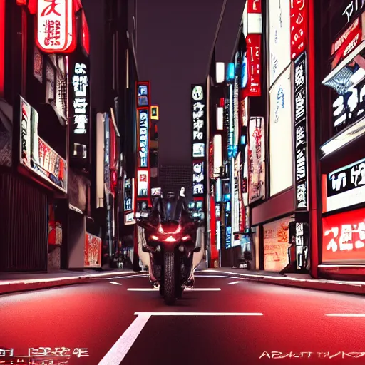 Prompt: ultra realistic render of Akira motorbike in the streets of Tokyo at night, octane render, cyberpunk, 8K, depth of field, bokeh, Akira moto, Akira red bike, ultra detailed, photorealistic