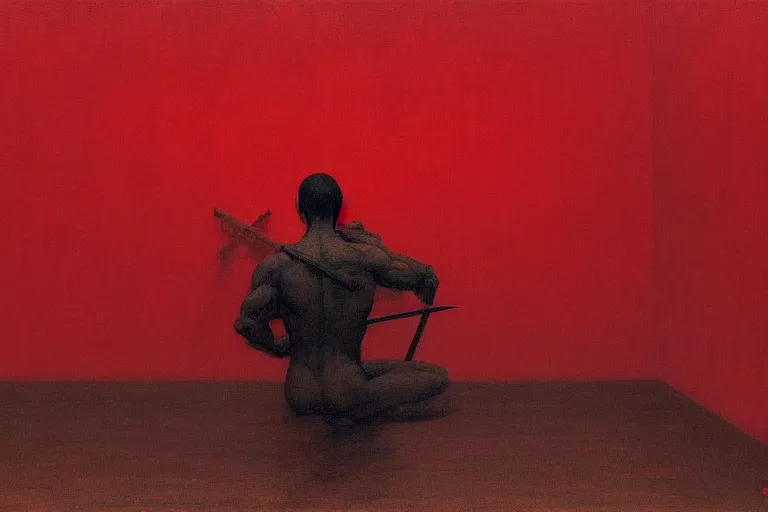 Image similar to only with red, a red samurai do seppuku, tokio, a lot of frogs watch, in the style of beksinski, parts by edward hopper, parts by rodcenko, parts by yue minjun, intricate and epic composition, red by caravaggio, insanely quality, highly detailed, masterpiece, red light, artstation, 4 k