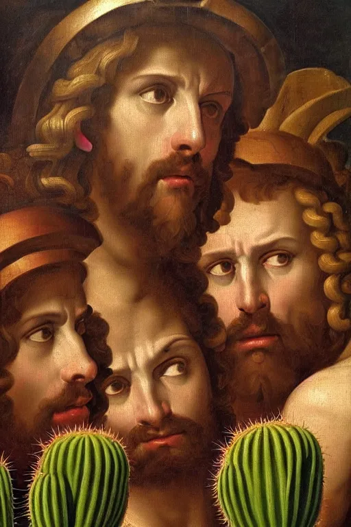 Prompt: renaissance painting of evil men, portrait, face closeup, emotions closeup, dressed in spartan armour, the beautiful garden with cactus bush everywhere, ultra detailed, art by guido reni style, vincenzo catena style