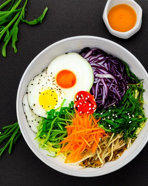 Prompt: realistic photo of delicious bimbimbap, bowl, white kitchen table, cloth, onion, greenery, marble, highly detailed, by louise lister, sara ali, mary devinat, kailee mandel, masterpiece, award winning, food photography