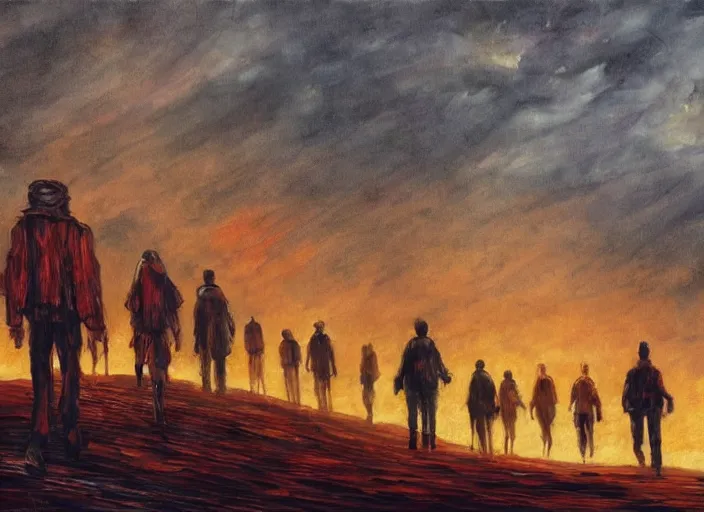 Prompt: an oil painting of a line of people walking into the distance, fire on the horizon, by marc simonette and alexander jansson, junji ito, concept art