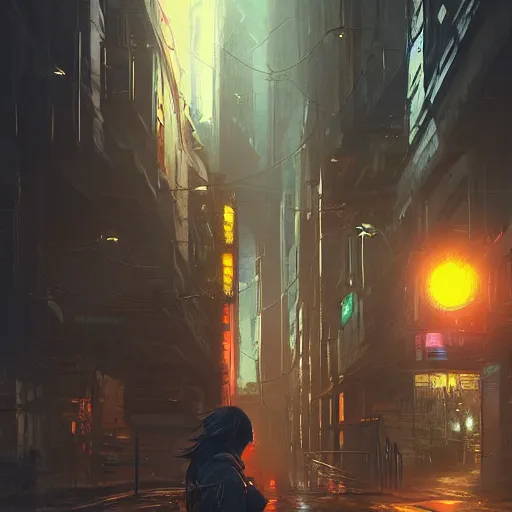 Image similar to a wanderer in a cyberpunk city, dramatic lighting, city background, night, chiaroscuro, high detail, painted by greg rutkowski, painted by igor kieryluk, painted by raymond swanland, trending on artstation