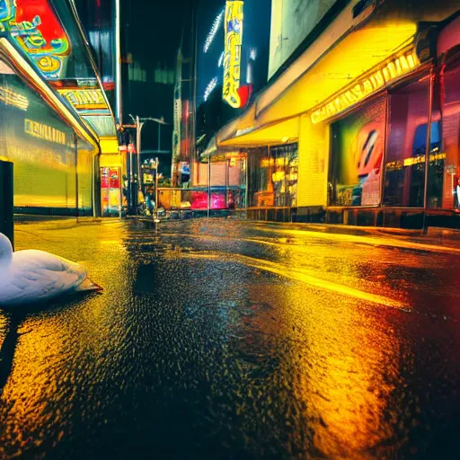 Image similar to a high quality low wide angle photo of an Emden goose on the streets of a cyberpunk city, rainy, reflective ground, neon lights, realism, 8k