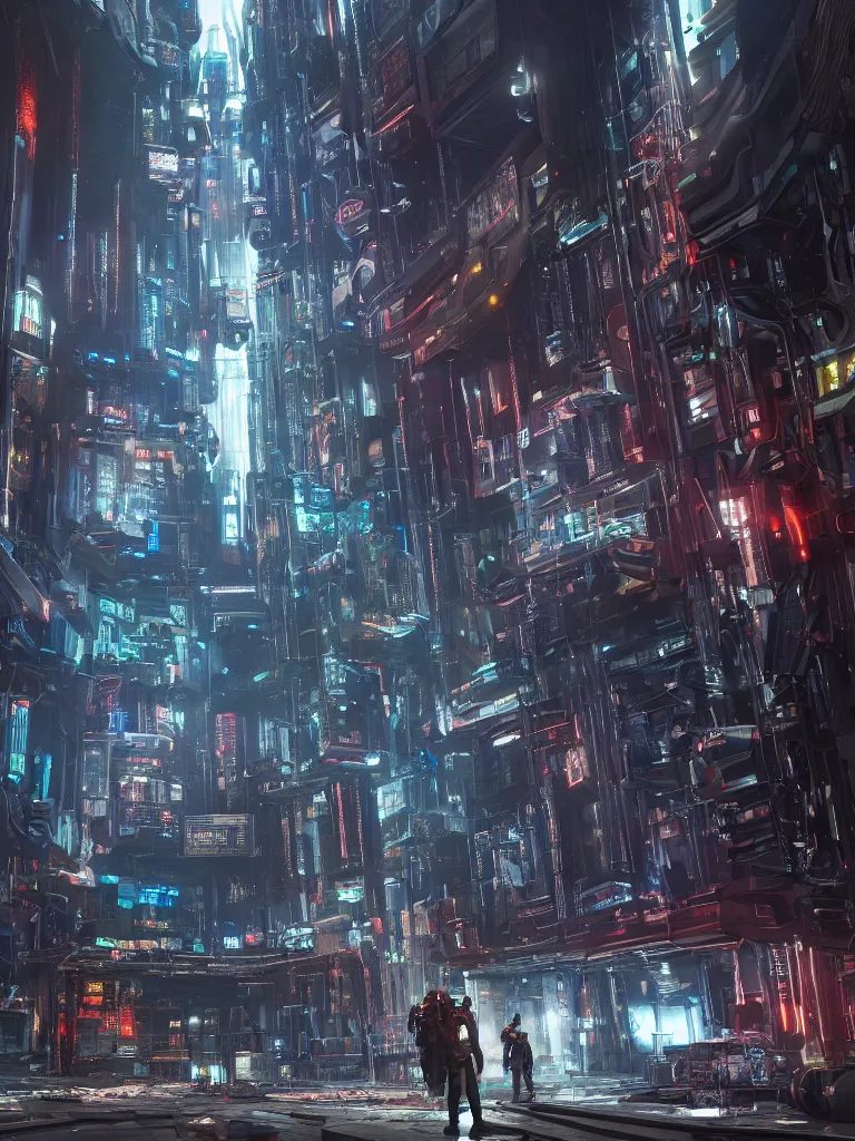 Prompt: portrait of a cyborg, standing in a hall of cyberpunk megacomplex; hyperrealistic, 4K wallpaper, cinematic lighting, highly detailed and beautiful