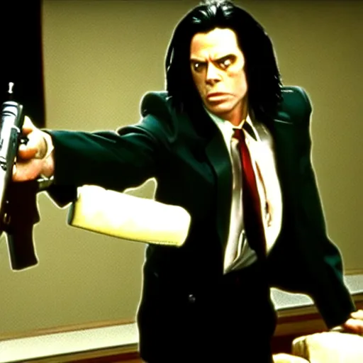 Image similar to still of tommy wiseau as vincent vega holding a gun in pulp fiction ( 1 9 9 4 ), 4 k, cinematic, film footage, screencap, by quentin tarantino