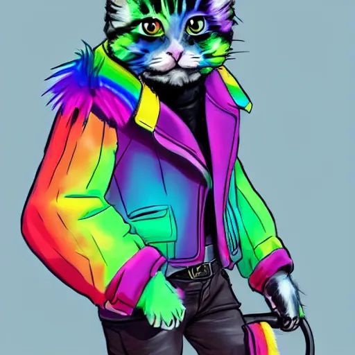 Image similar to wide angle full body, jacket wearing fluffy cute rainbow kitten wearing a black leather motorcycle jacket, concept art