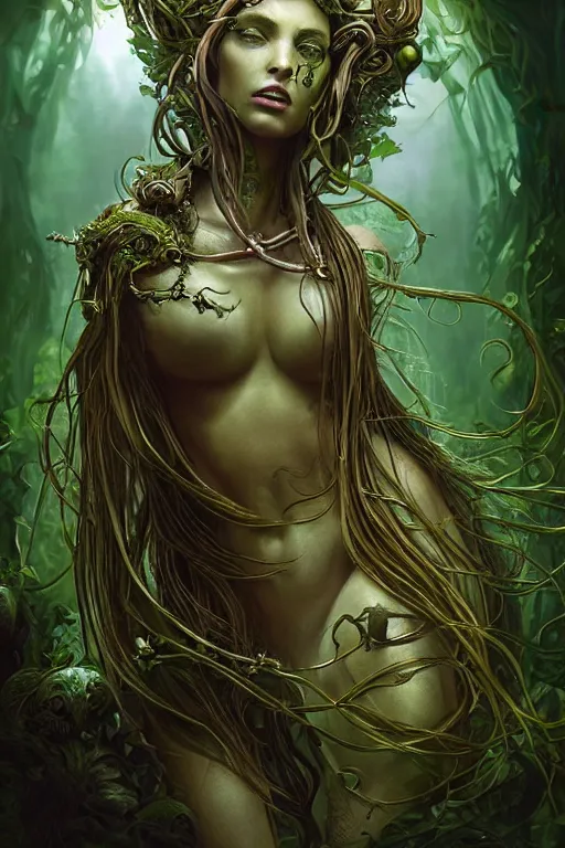 Image similar to a beautiful young woman, Vraska golgari queen, long flowing medusa hair, mostly green and brown leather pirate armor, young female face, vine like plants and jungle background, cinematic top lighting, insanely detailed and intricate, face by wlop, Charlie Bowater, golden ratio, symmetric, elegant, ornate, luxury, elite, matte painting, MTG, magic the gatheing, cinematic, cgsociety, 8k, high resolution