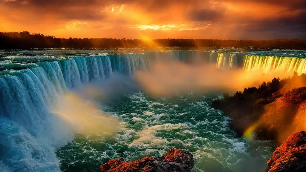 Image similar to amazing landscape photo of niagara falls in sunset by marc adamus, beautiful dramatic lighting