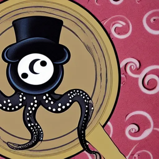 Prompt: an octopus in a top hat an monocle attacking disneyland