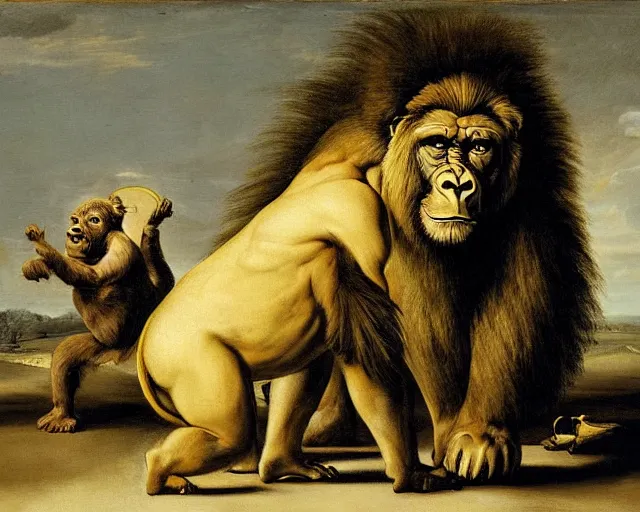 Prompt: gorilla and lion by pieter claesz