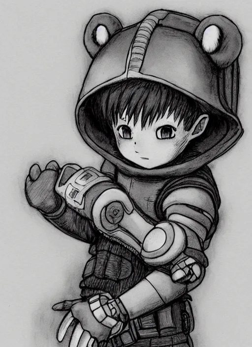 Image similar to beautiful little boy wearing an cyborg bear suit, artwork in kentaro miura and made in abyss and rosdraws, smooth, beautiful lightness, anatomically correct, trending on pixiv