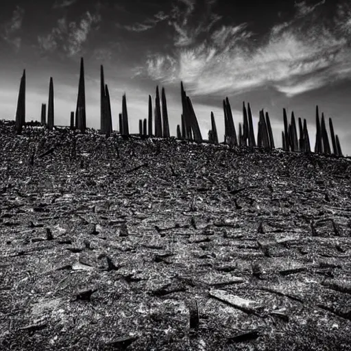 Image similar to radioactive spike field, monolithic stone spikes, creepy monotone black and white lighting, post nuclear fallout, desolate, no life, high resolution, old photo,