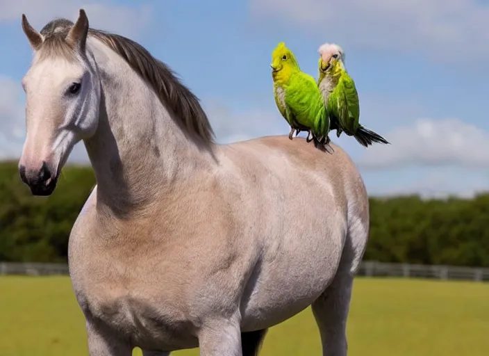 Prompt: photo of a hybrid between a horse and a budgerigar