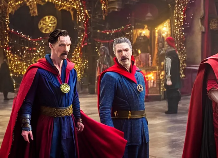 Prompt: film still of dr strange played by benedict cumberbatch visiting santa in the new dr strange christmas movie, 4 k