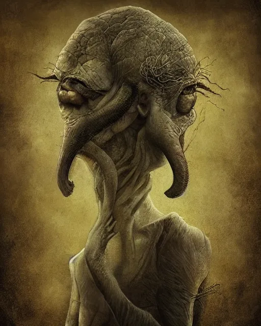 Image similar to a surreal painting of a strange and disturbing creature by anton semenov and dariusz zawadzki and daryl mandryk