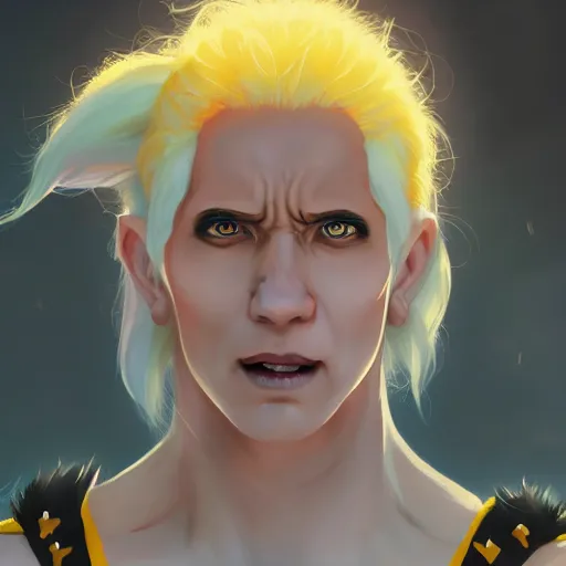 Image similar to dwayne johnson as a pale demoness with white hair, yellow eyes and horns wearing sweater and overalls on top. highly detailed, digital painting, artstation, matte, by makoto shinkai, animation style