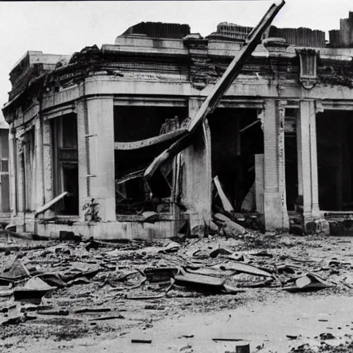 Prompt: Scars left by the 1942 Japanese air raids, far more severe than most Australians realise even now, remain in the town and harbor. The burnt-out shell of the Bank of [NSW] building… and [what] was once the post office are grim reminders of Darwin's ordeal, 1950 photo