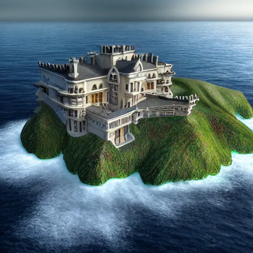 Image similar to Ultra Realistic Hyper detailed Fantasy view of a Mansion overlooking the cliffs edge where ocean waves are crashing.