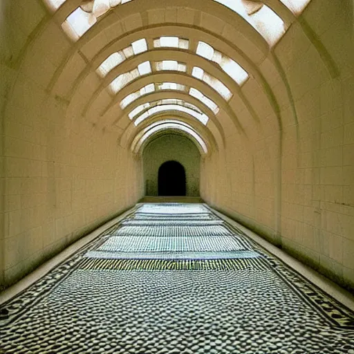 Prompt: Beautiful Fuzzy wide-eye-lens 15mm, harsh flash, cameraphone 2002, Photograph of an tiled infinite foggy liminal pool hallway with archways and water on the floor