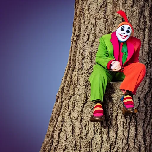 Image similar to clown sitting on a tree