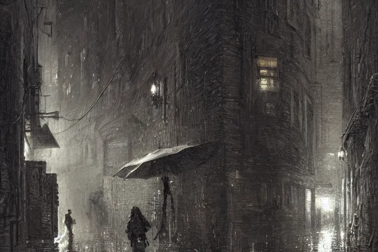 Prompt: An alleyway at night during rain, moody scene, highly detailed, intricate, sharp details, dystopian mood, 1950 scene by gaston bussiere, craig mullins, somber lighting, drawn by Giacomo Burattini, inspired by graphic novel cover art