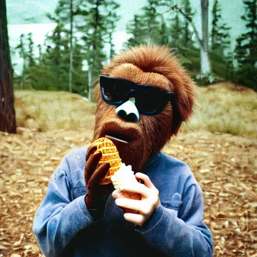 Prompt: bigfoot eating an ice cream cone, 1 9 9 0 s disposable camera kodak gold, sunglasses