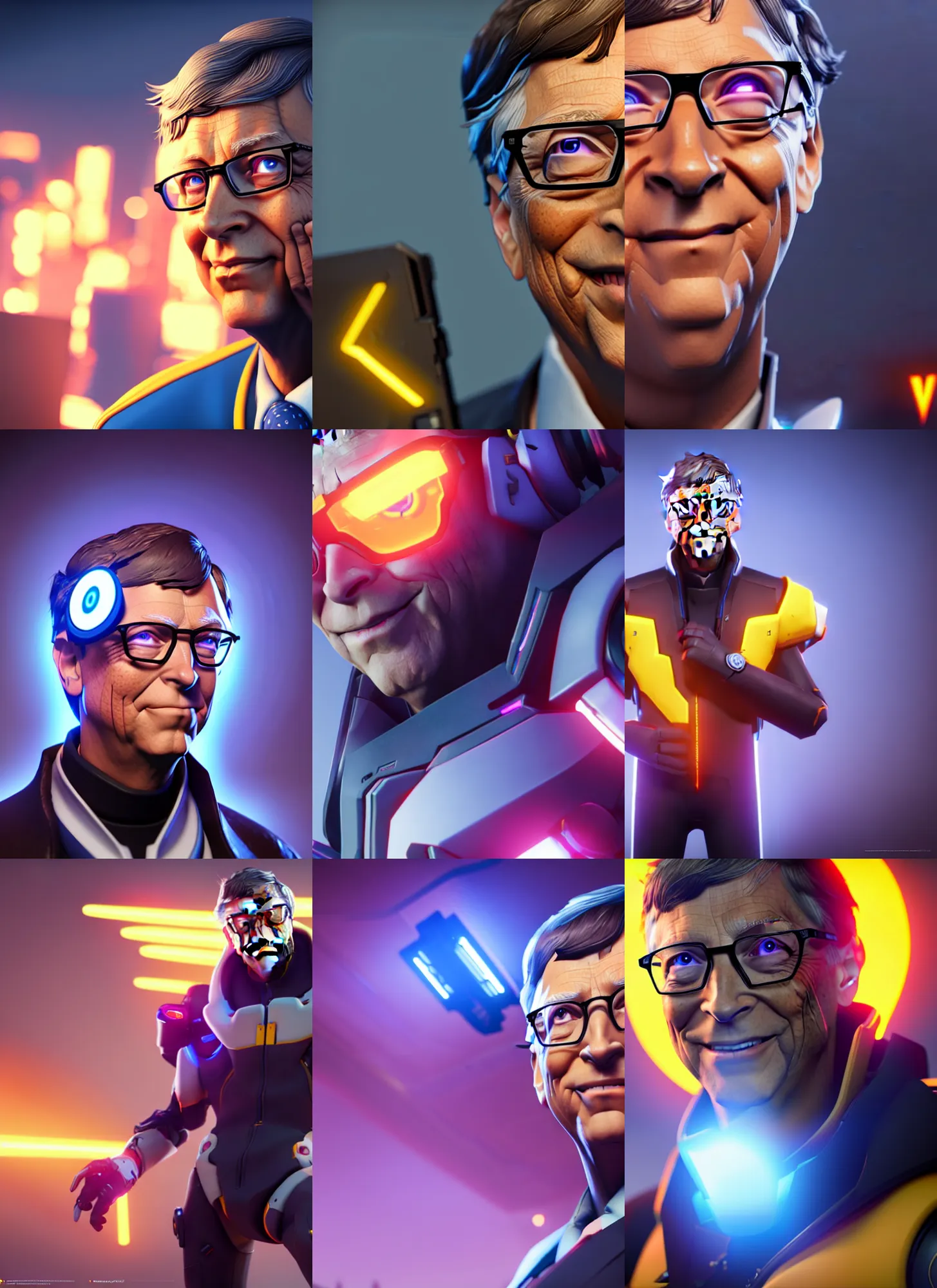 Prompt: bill gates in overwatch, overwatch fanart, trending on artstation, 8 k, octane render, detailed lighting, high quality render, aesthetic