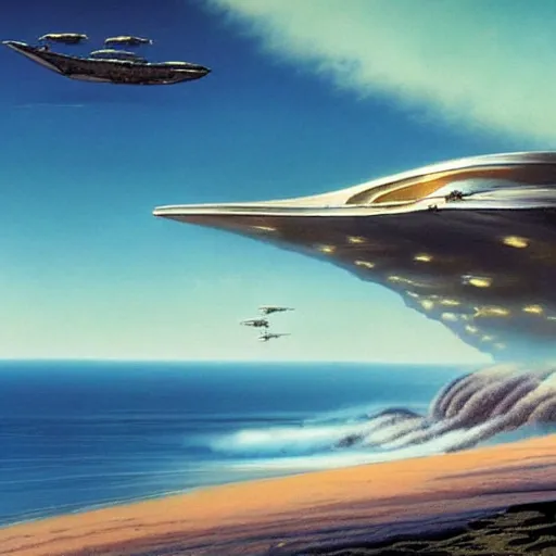 Image similar to beautiful matte painting of golden shores of a blue dreamy ocean, heavenly island in the clouds floating above the ocean, spaceship flying by, towering mountains emerging from the ocean, sci - fi, daylight, blue sky, cinematic lighting, cinematic perspective, syd mead, john harris, federico pelat