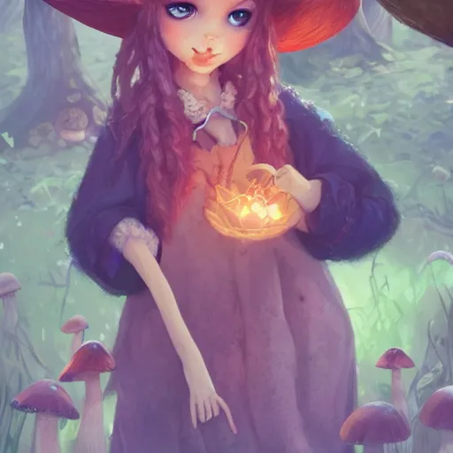 Image similar to cute forest witch gathering mushrooms, digital 2d, art direction, artstation