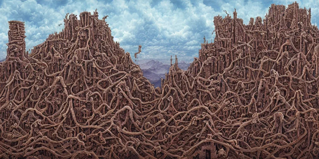 Prompt: build me a castle in the sky, atop a mountain of bones shouted elric of melnibone. by jeffrey smith, oil on canvas