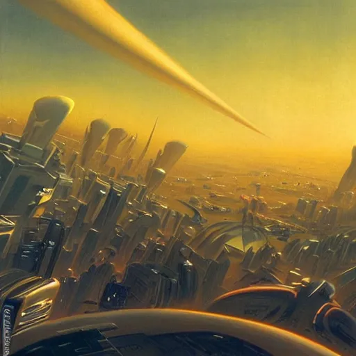 Image similar to aerial view of a science-fiction cityscape, cinematic angle, cinematic lighting, blue sky, sun in the sky, by Syd Mead, John Harris, Federico Pelat