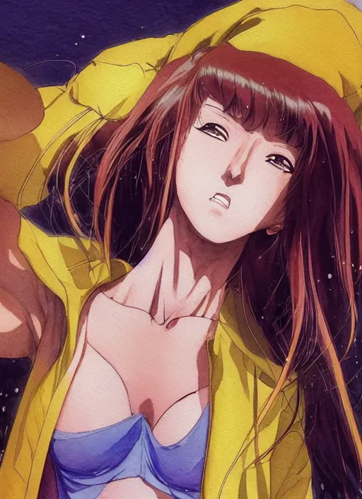 Image similar to Frontal portrait of a very beautiful muscular anime girl with tanned skin and cream colored hair wearing a yellow raincoat, watercolor, digital painting, art by Kenichi Sonoda ((Moebius)) Makoto Shinkai ((Shirow Masamune)) and Katsuhiro Otomo, very detailed, sharp focus, cyberpunk, high quality, color manga panel, hard shadows