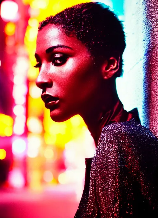 Prompt: A hyper realistic and detailed head portrait photography of a black hair, slim, black noir female on a futuristic street. by Annie Leibovitz. Neo noir style. Cinematic. neon lights glow in the background. Cinestill 800T film. Lens flare. Helios 44m