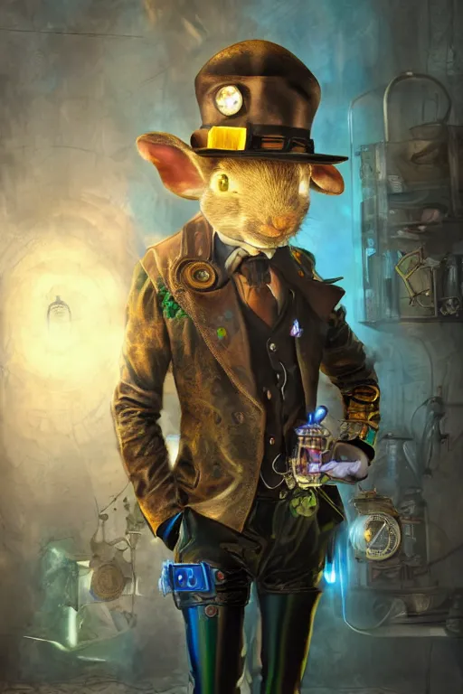Prompt: ultra realist soft painting of a single steampunk humanoid rabbit detective, crime scene, very intricate details, volumetric rainbow lighting, reflections, refractions, symmetry accurate anatomy features, fantasy background, unreal render