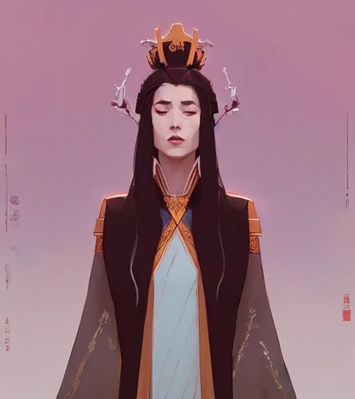 Image similar to portrait of a female immortal queen in amazing dress 汉 服 by atey ghailan, by greg rutkowski, by greg tocchini, by james gilleard, by joe fenton, by kaethe butcher, dynamic lighting, gradient light blue, brown, blonde cream and white color scheme, grunge aesthetic